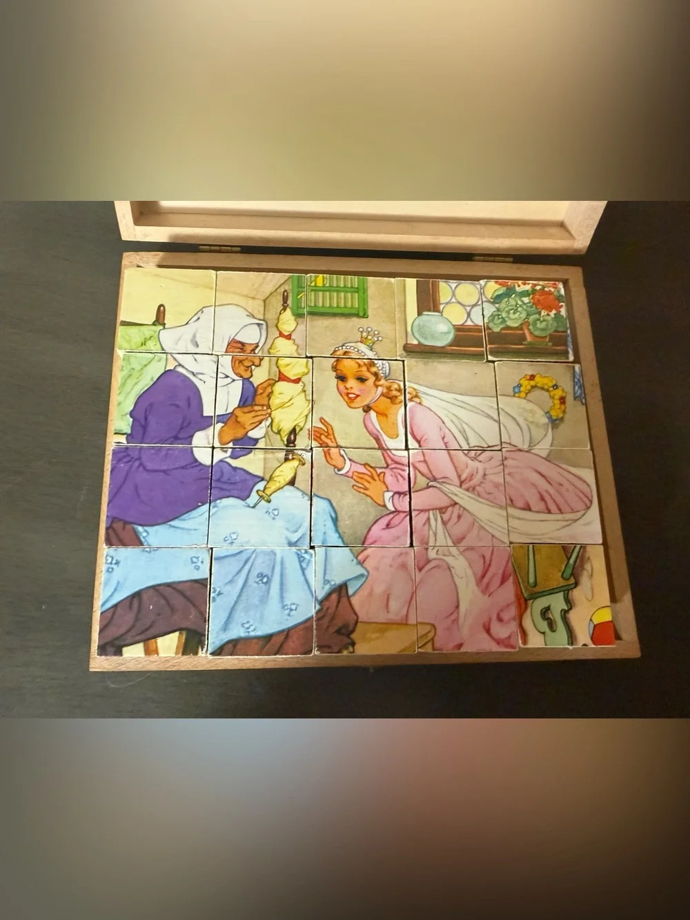 Vintage Eichhorn Germany Wooden Fairy Tale Picture Cube Puzzle Box